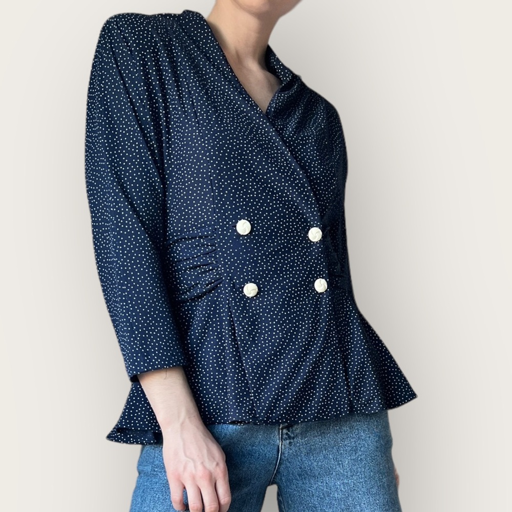 Vintage Polka Dot Blouse Size Medium Navy Blue 1980s